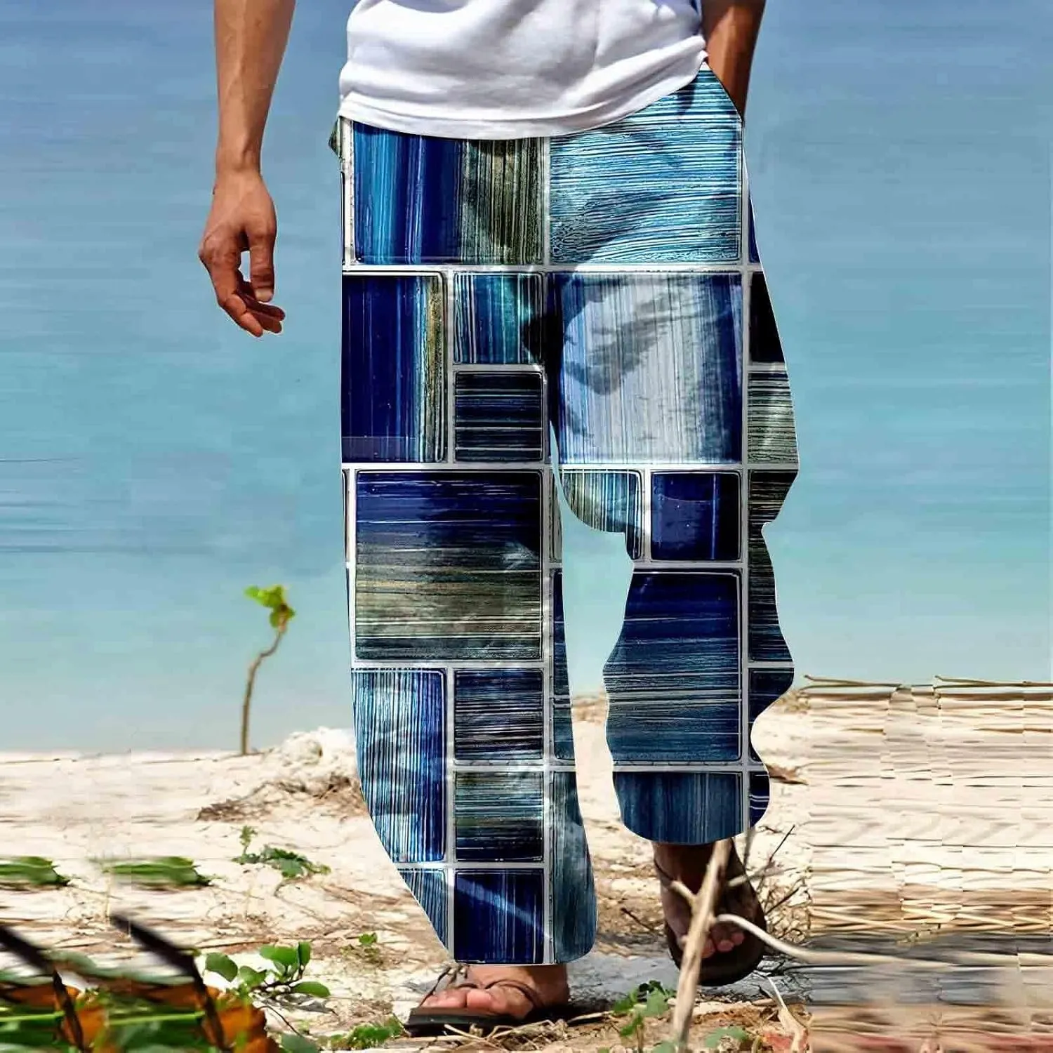 Mens Summer Cotton Linen Casual Pants Loose Fit Straight Leg Trend Printed Trousers Elastic Waist Drawstring Beach Yoga Pants