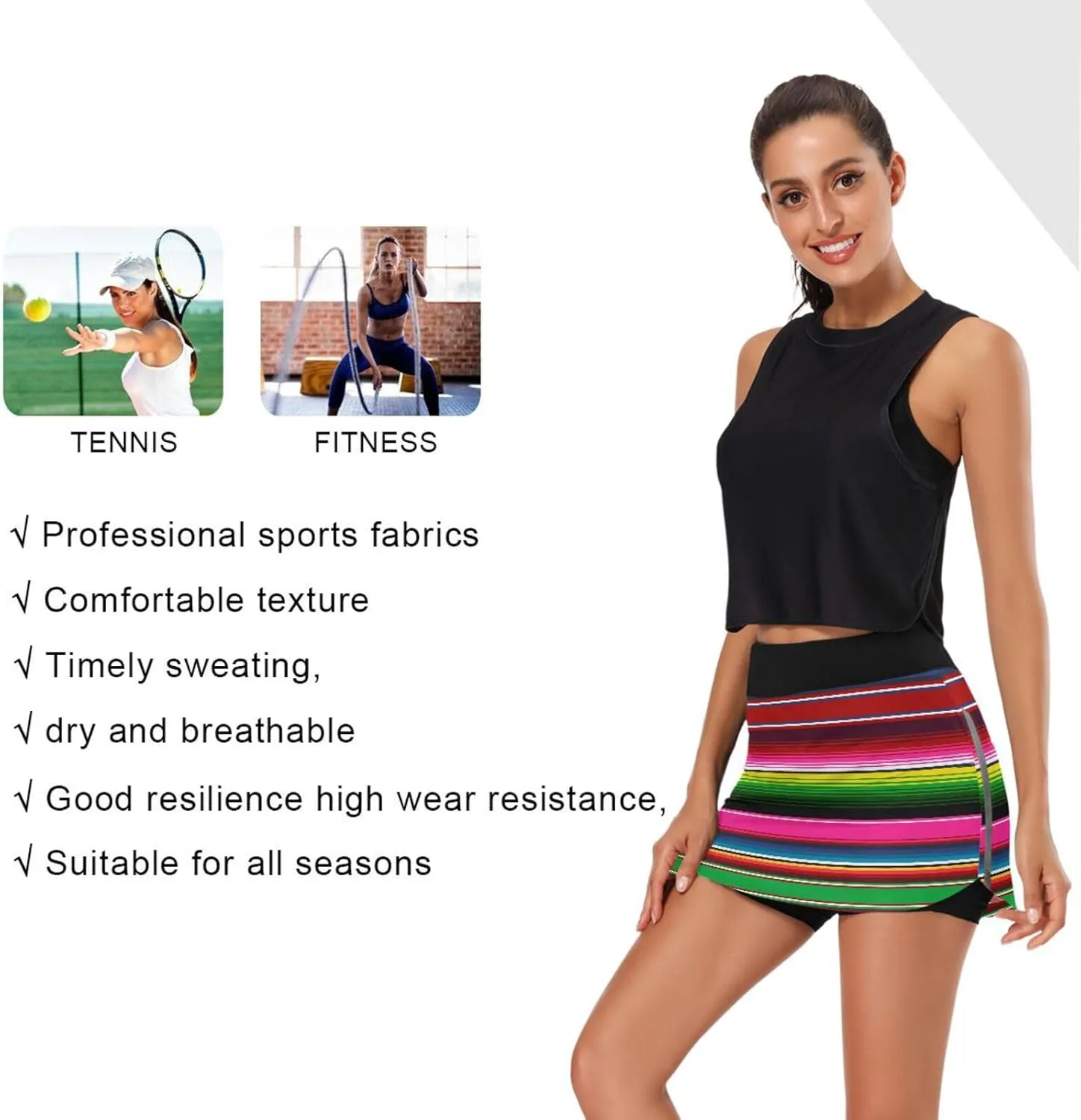 Mexican Serape Colorful Stripes Tennis Skorts Skirts for Women Workout Athletic Skirt High Waisted with Pocket