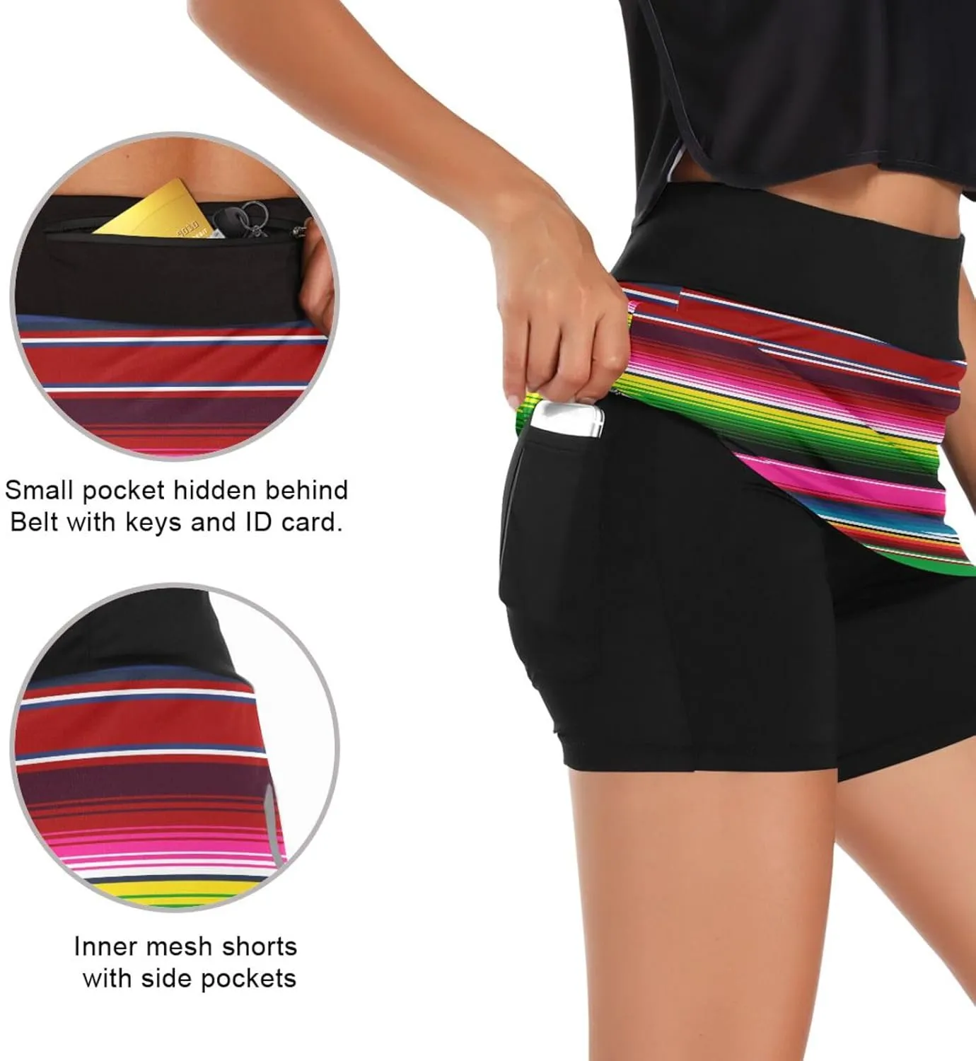 Mexican Serape Colorful Stripes Tennis Skorts Skirts for Women Workout Athletic Skirt High Waisted with Pocket