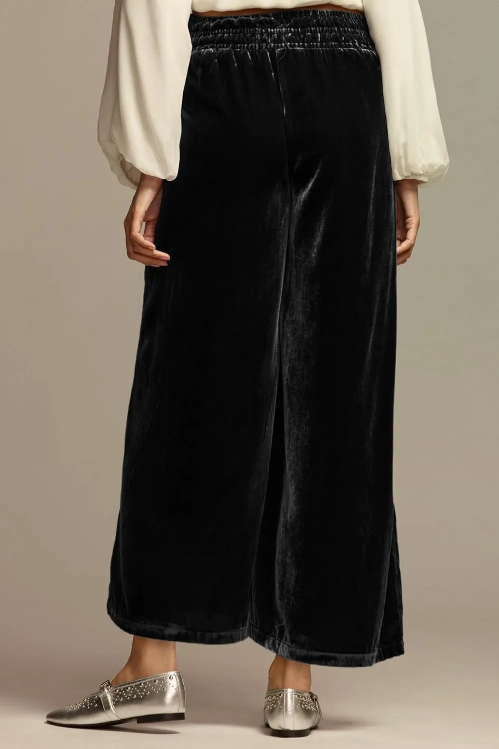 MISSACTIVER Women High Waisted Velvet Pants Loose Fit Wide Leg Lounge Pant Smocked Waist Trousers Palazzo Pants with Pockets