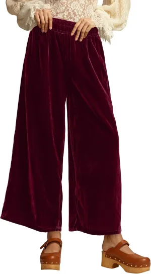 MISSACTIVER Women High Waisted Velvet Pants Loose Fit Wide Leg Lounge Pant Smocked Waist Trousers Palazzo Pants with Pockets