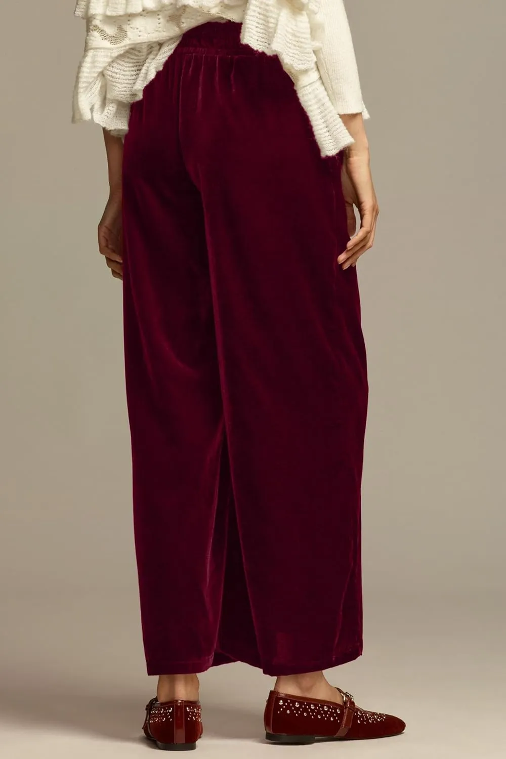 MISSACTIVER Women High Waisted Velvet Pants Loose Fit Wide Leg Lounge Pant Smocked Waist Trousers Palazzo Pants with Pockets