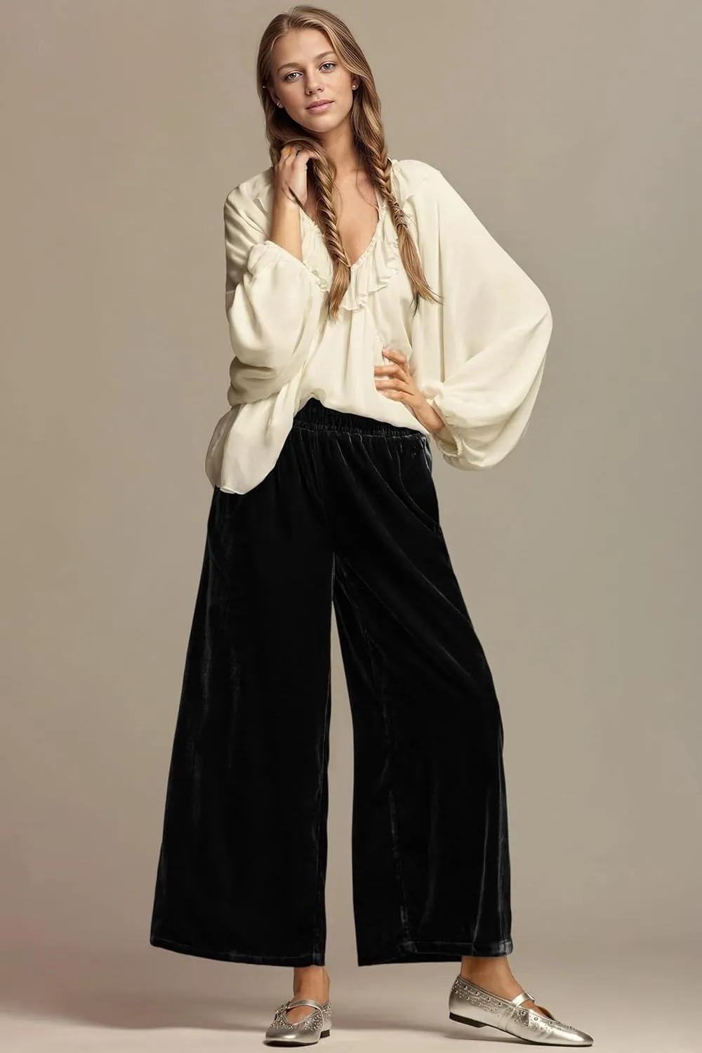 MISSACTIVER Women High Waisted Velvet Pants Loose Fit Wide Leg Lounge Pant Smocked Waist Trousers Palazzo Pants with Pockets