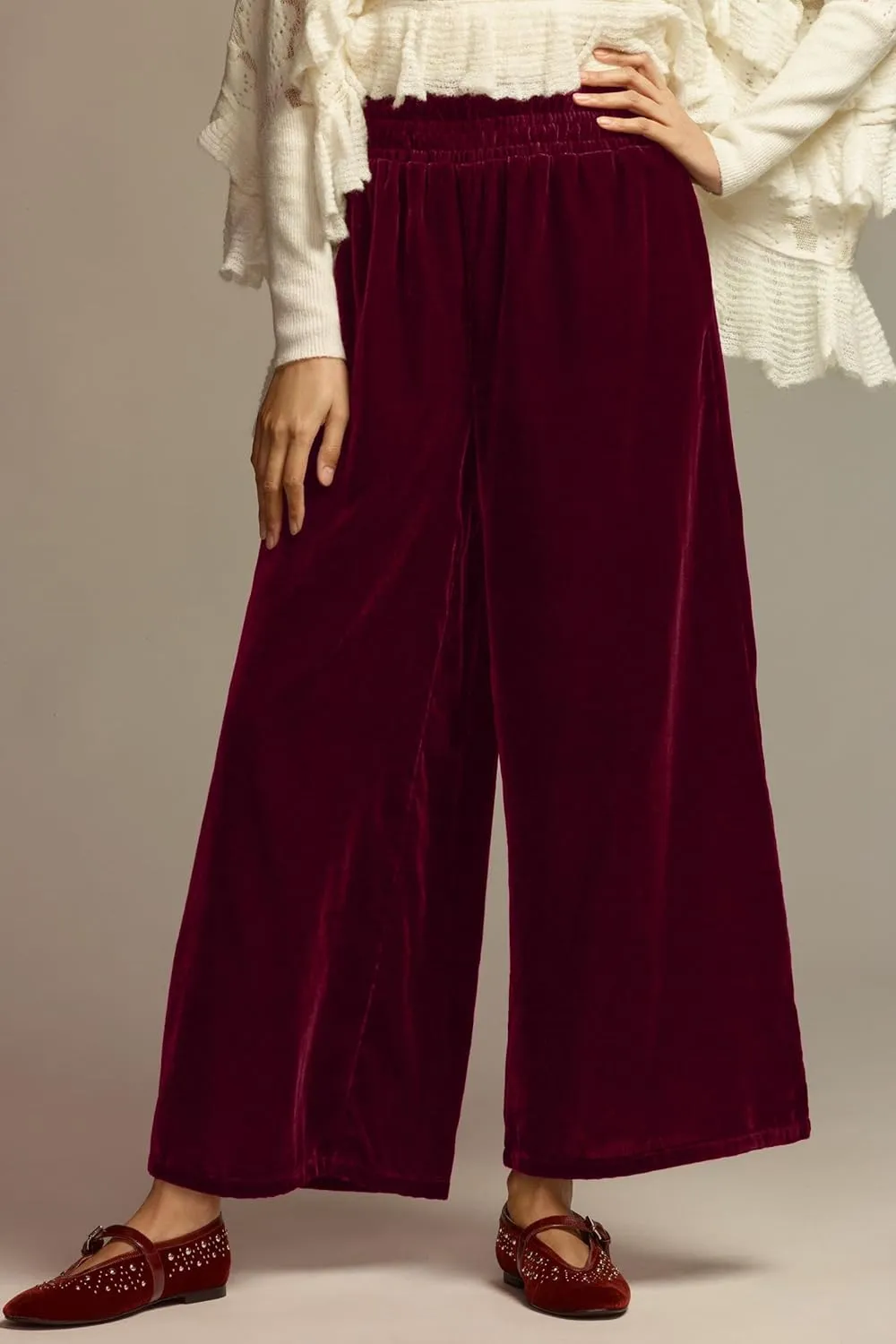 MISSACTIVER Women High Waisted Velvet Pants Loose Fit Wide Leg Lounge Pant Smocked Waist Trousers Palazzo Pants with Pockets