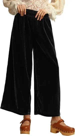 MISSACTIVER Women High Waisted Velvet Pants Loose Fit Wide Leg Lounge Pant Smocked Waist Trousers Palazzo Pants with Pockets