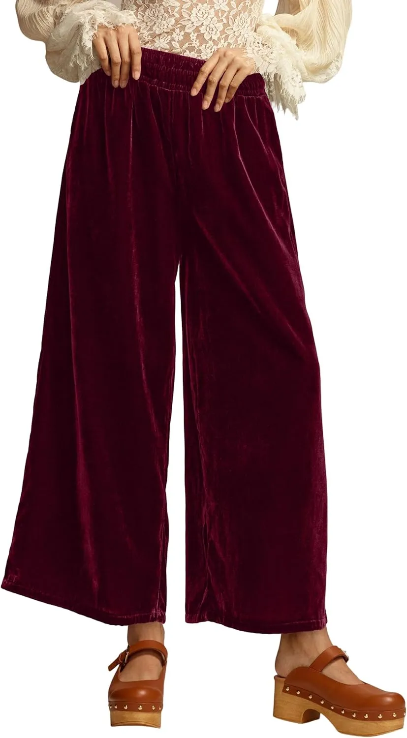 MISSACTIVER Women High Waisted Velvet Pants Loose Fit Wide Leg Lounge Pant Smocked Waist Trousers Palazzo Pants with Pockets