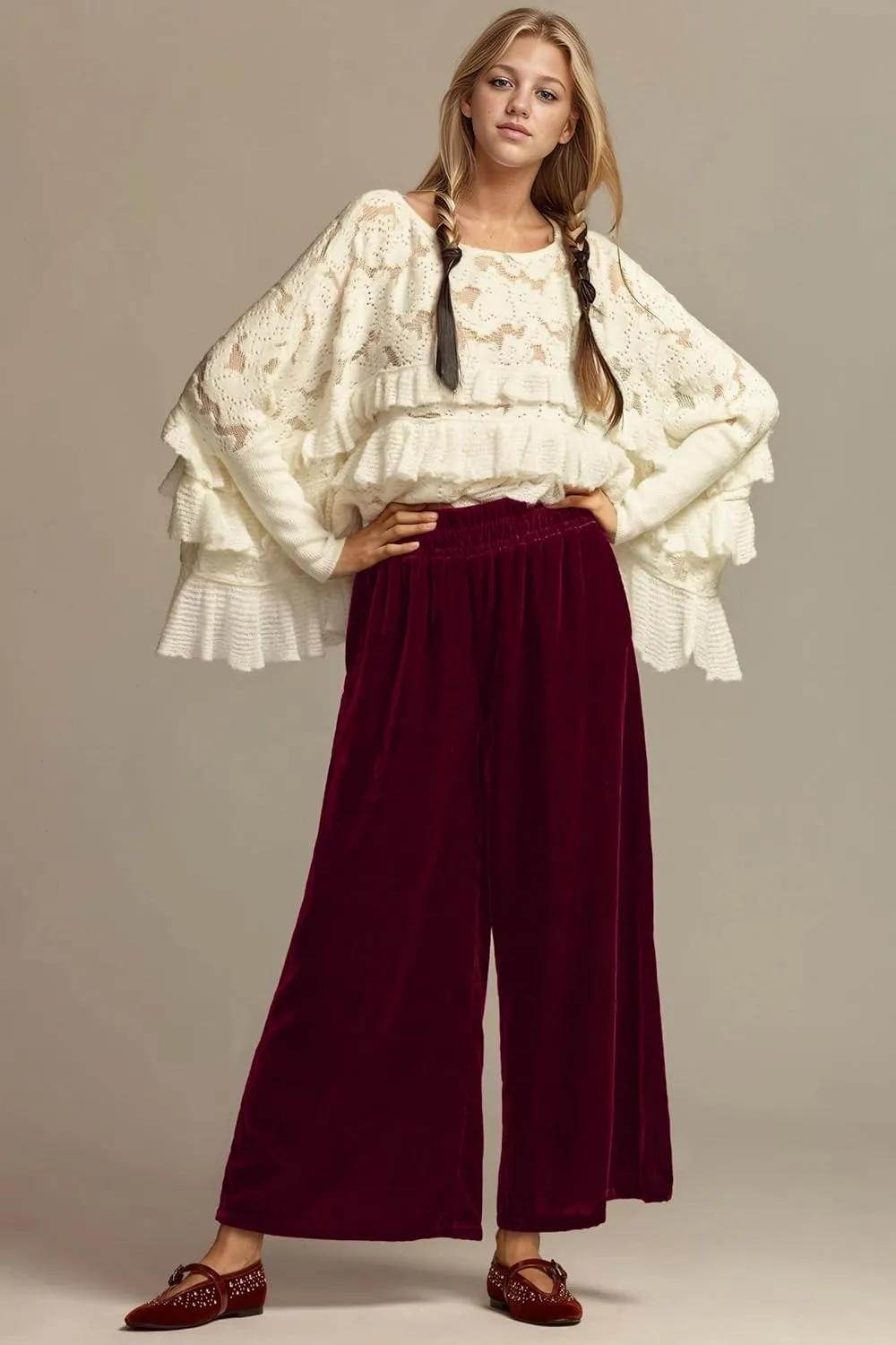 MISSACTIVER Women High Waisted Velvet Pants Loose Fit Wide Leg Lounge Pant Smocked Waist Trousers Palazzo Pants with Pockets