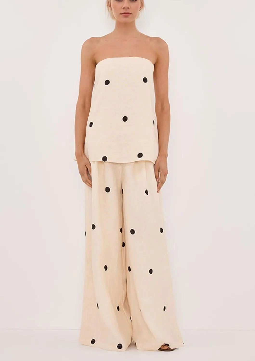 MISSACTIVER Women Polka Dot Tube Top Pant Set Spot Print Strapless Bandeau Wide Leg Pants Lounge Sets Summer 2 Piece Outfits