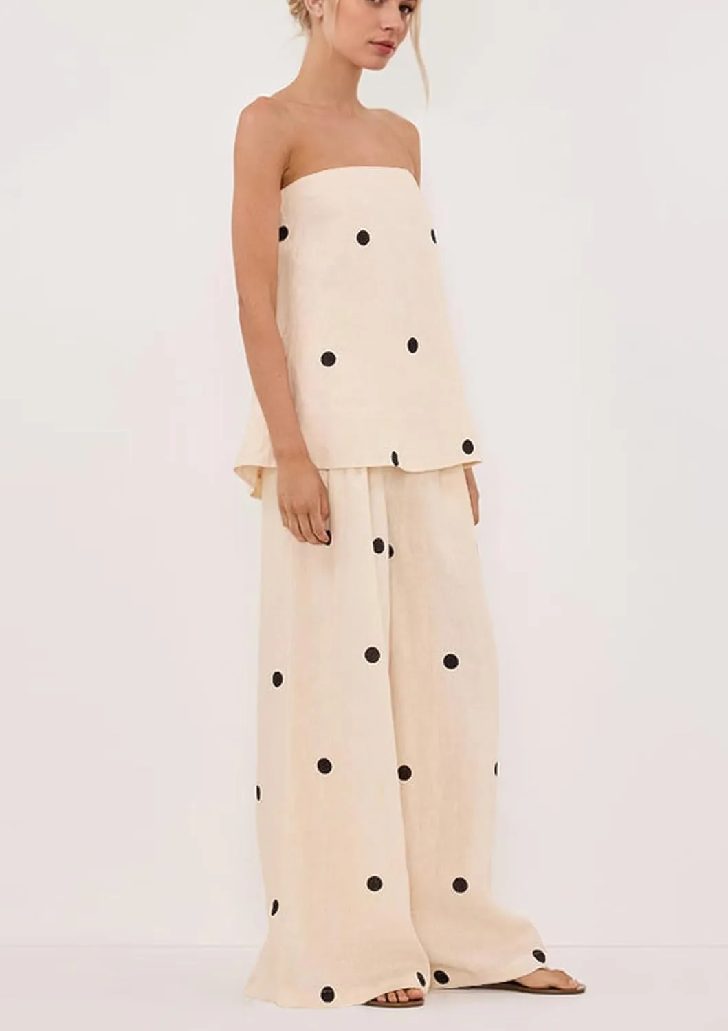 MISSACTIVER Women Polka Dot Tube Top Pant Set Spot Print Strapless Bandeau Wide Leg Pants Lounge Sets Summer 2 Piece Outfits