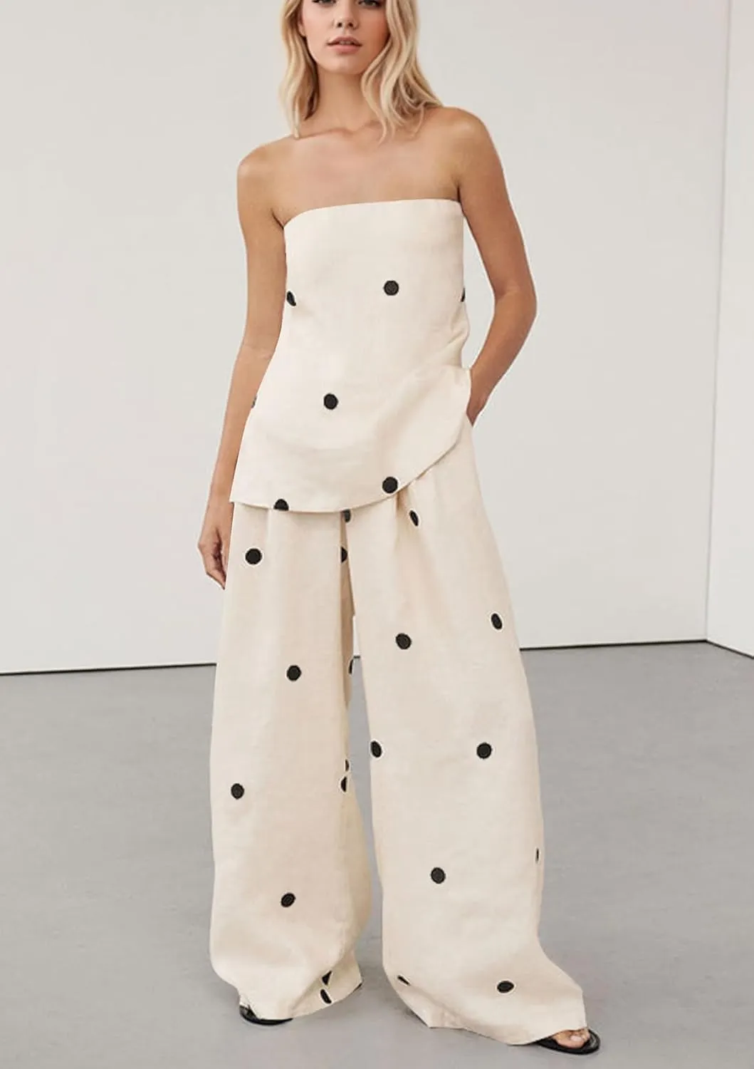 MISSACTIVER Women Polka Dot Tube Top Pant Set Spot Print Strapless Bandeau Wide Leg Pants Lounge Sets Summer 2 Piece Outfits