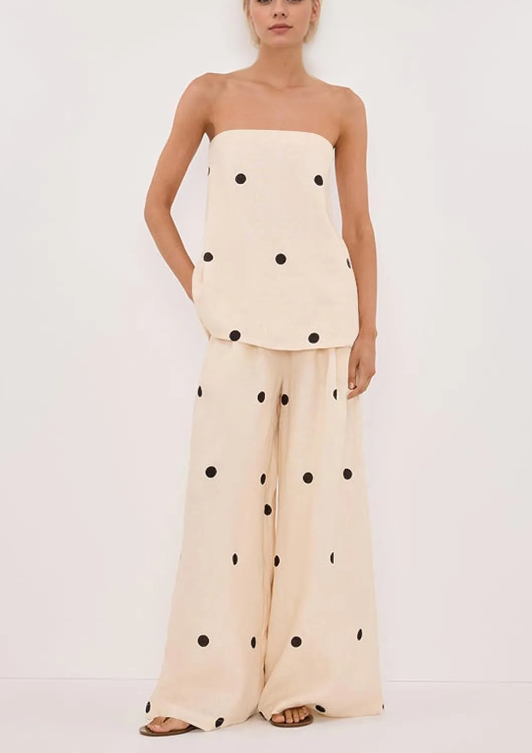 MISSACTIVER Women Polka Dot Tube Top Pant Set Spot Print Strapless Bandeau Wide Leg Pants Lounge Sets Summer 2 Piece Outfits