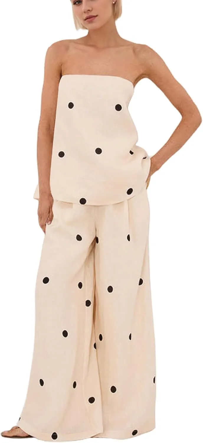 MISSACTIVER Women Polka Dot Tube Top Pant Set Spot Print Strapless Bandeau Wide Leg Pants Lounge Sets Summer 2 Piece Outfits