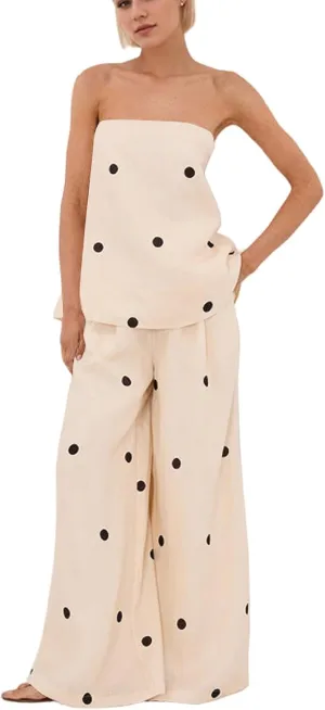 MISSACTIVER Women Polka Dot Tube Top Pant Set Spot Print Strapless Bandeau Wide Leg Pants Lounge Sets Summer 2 Piece Outfits