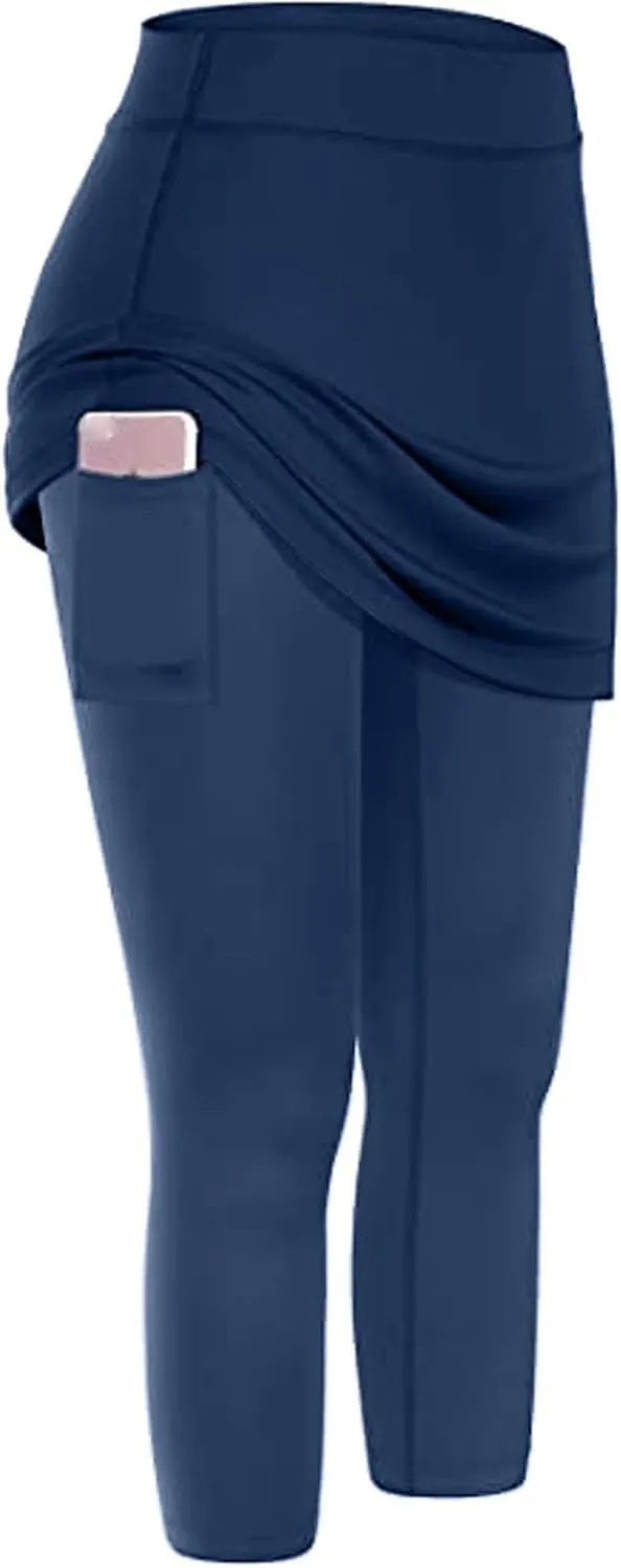 Mmoneyake Skirted Yoga Leggings for Women High Waisted Athletic Tennis Golf Skorts Tummy Control Capris Leggings with Pocket