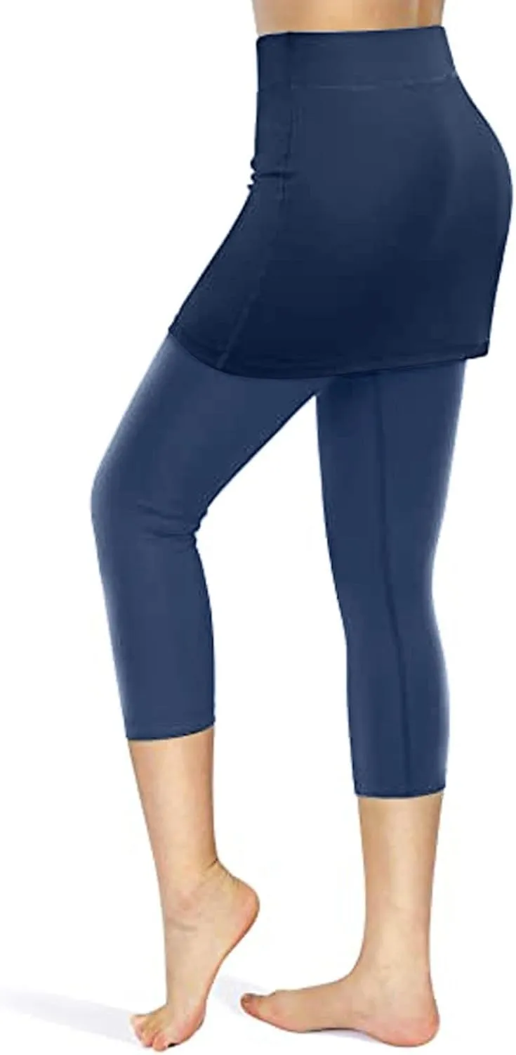 Mmoneyake Skirted Yoga Leggings for Women High Waisted Athletic Tennis Golf Skorts Tummy Control Capris Leggings with Pocket