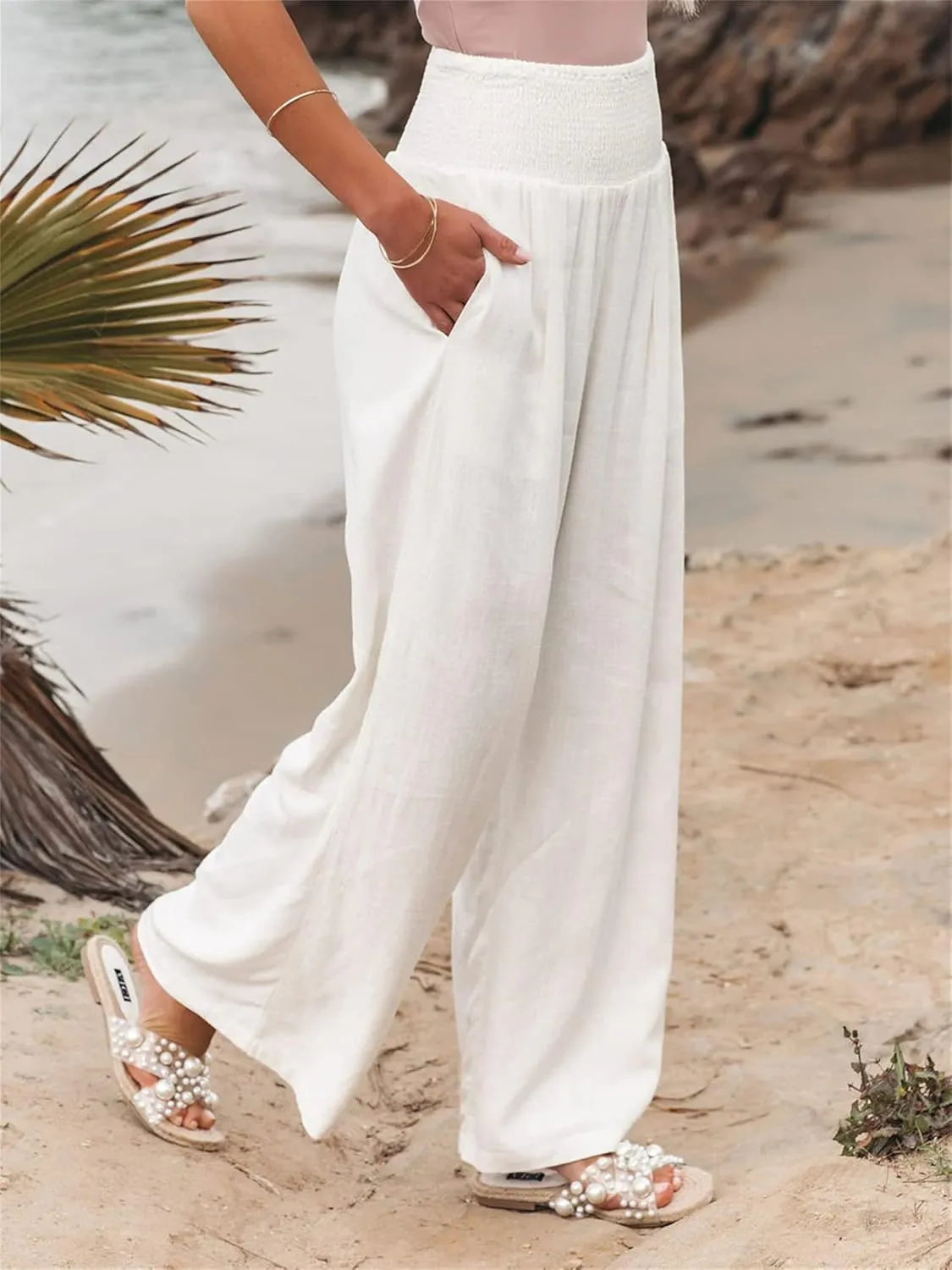 Mtsebmves Women Casual Wide Leg Palazzo Lounge Pants Elastic High Waist Wide Leg Yoga Trousers with Pockets