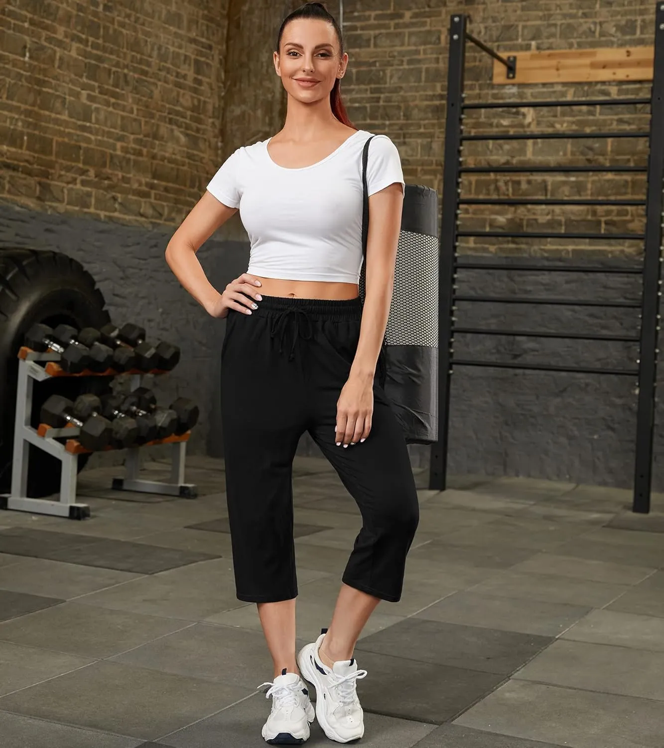 OLIKEME Women's Yoga Capri Pants Loose Drawstring High Waisted Sweatpants Lounge Running Gym Short With Pockets