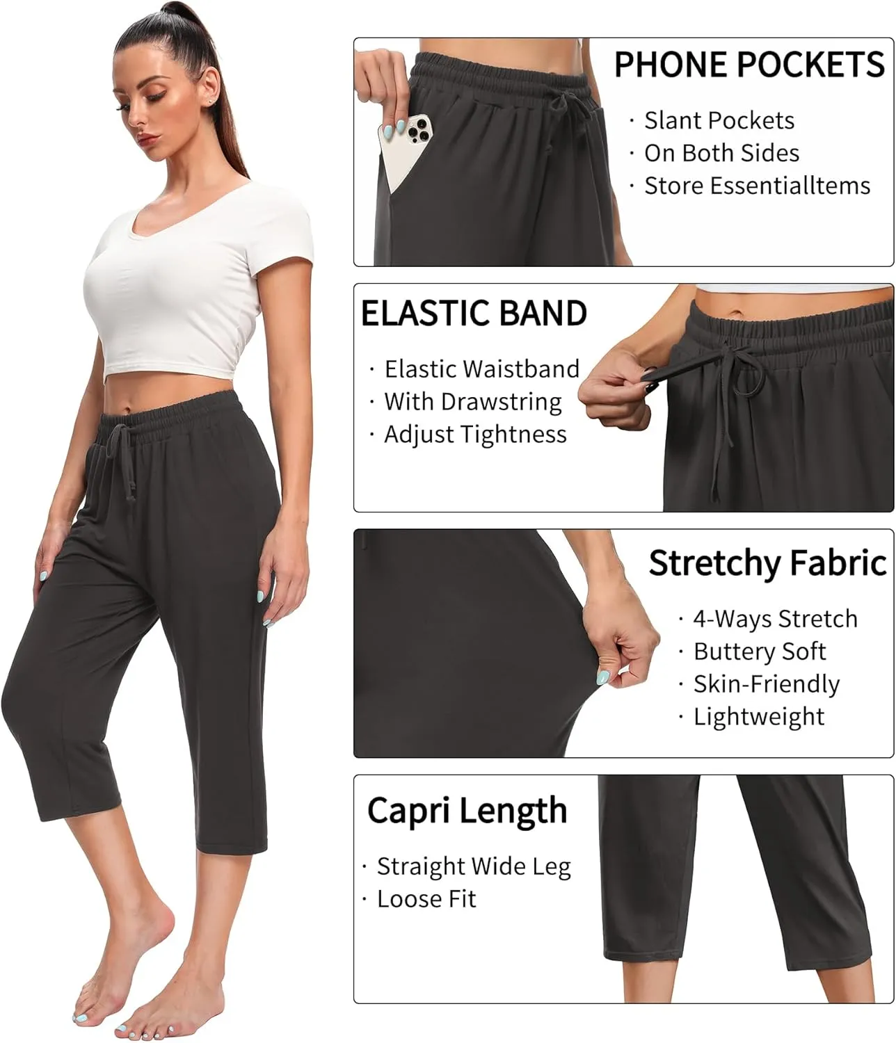 OLIKEME Women's Yoga Capri Pants Loose Drawstring High Waisted Sweatpants Lounge Running Gym Short With Pockets