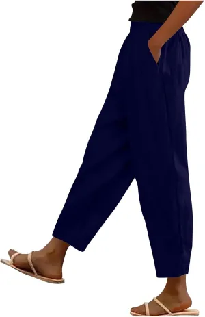 Oplxuo Cotton Linen Pants for Women Summer High Elastic Waist Straight Wide Leg Boho Beach Trousers with Pockets