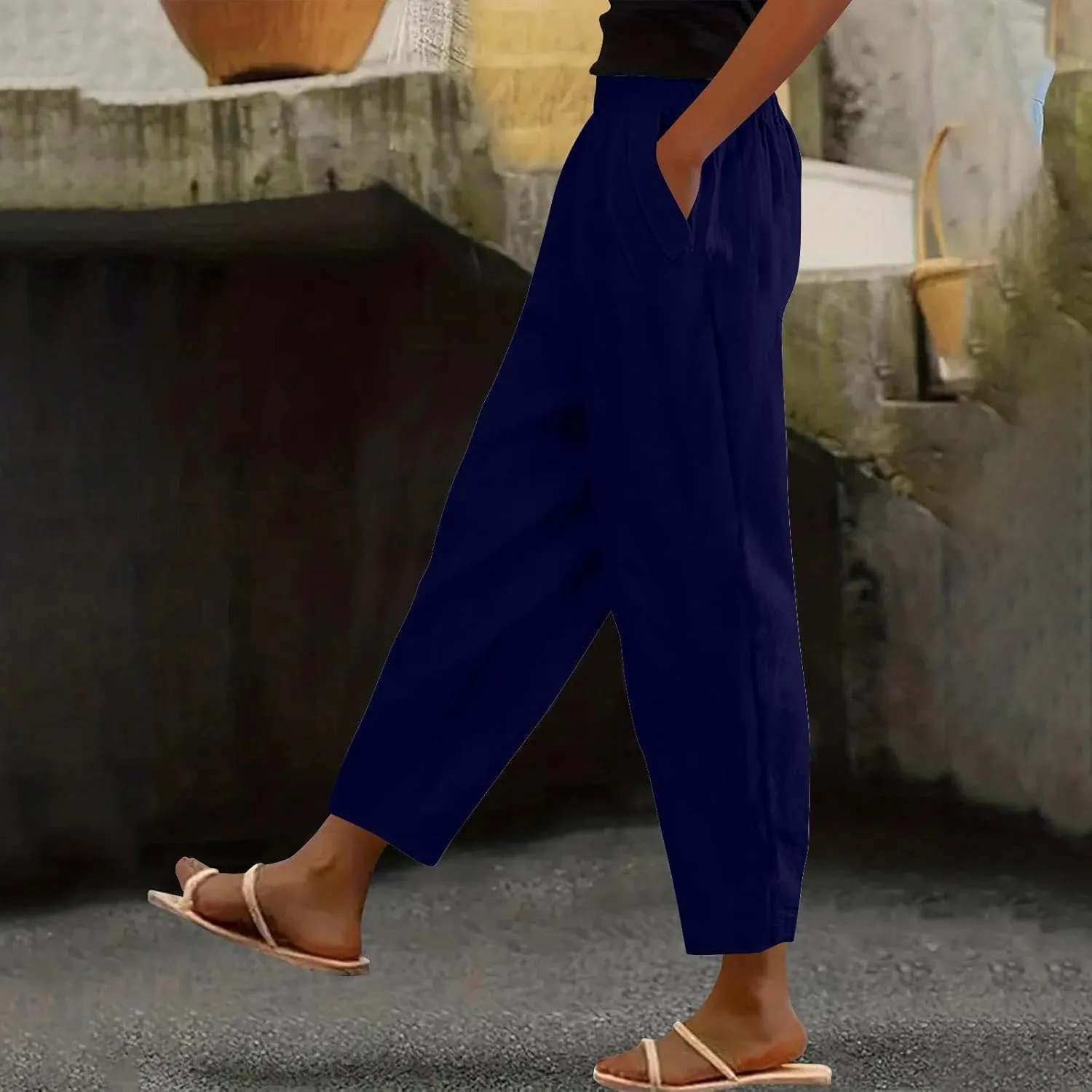 Oplxuo Cotton Linen Pants for Women Summer High Elastic Waist Straight Wide Leg Boho Beach Trousers with Pockets