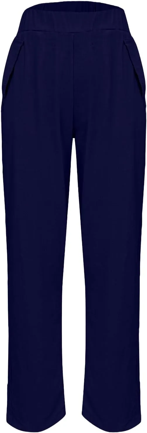 Oplxuo Cotton Linen Pants for Women Summer High Elastic Waist Straight Wide Leg Boho Beach Trousers with Pockets