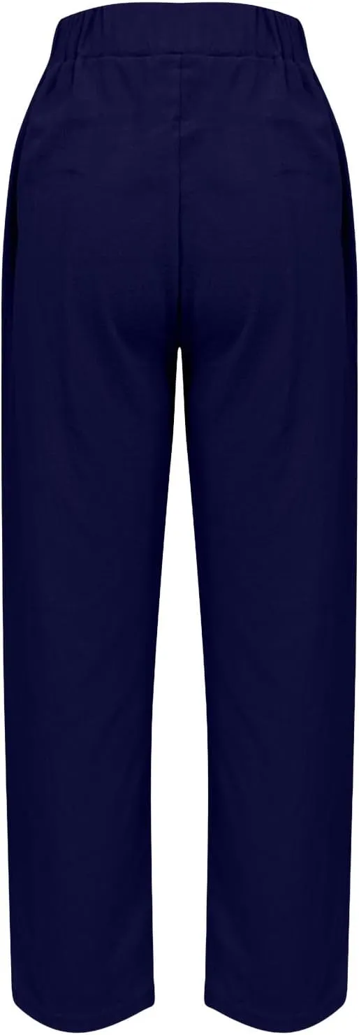 Oplxuo Cotton Linen Pants for Women Summer High Elastic Waist Straight Wide Leg Boho Beach Trousers with Pockets