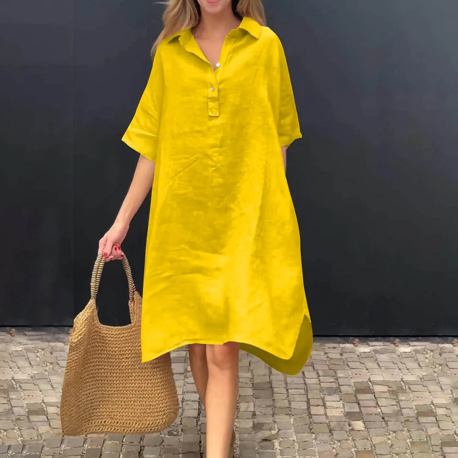 Oplxuo Shirt Dresses for Women Casual Collared Button Up Shirts Dress Short Sleeve Solid Color Loose Midi Dress with Pockets
