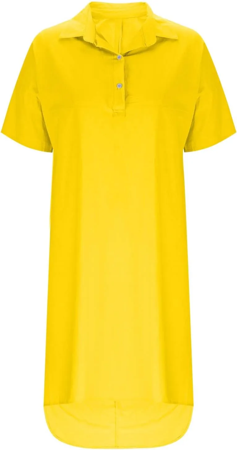 Oplxuo Shirt Dresses for Women Casual Collared Button Up Shirts Dress Short Sleeve Solid Color Loose Midi Dress with Pockets