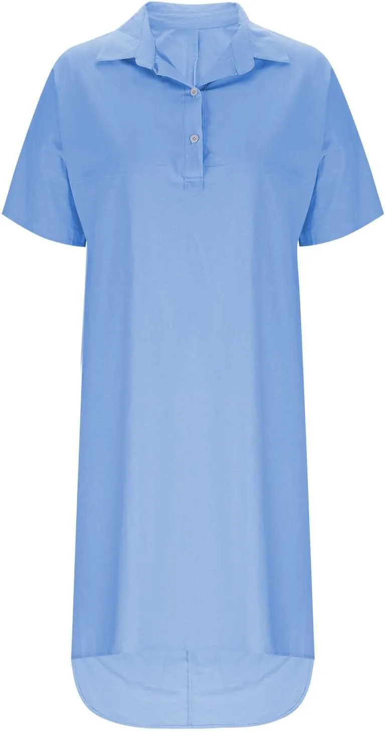 Oplxuo Shirt Dresses for Women Casual Collared Button Up Shirts Dress Short Sleeve Solid Color Loose Midi Dress with Pockets