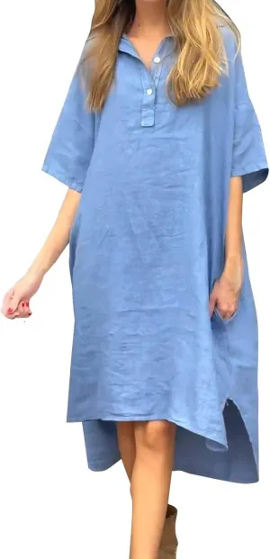 Oplxuo Shirt Dresses for Women Casual Collared Button Up Shirts Dress Short Sleeve Solid Color Loose Midi Dress with Pockets