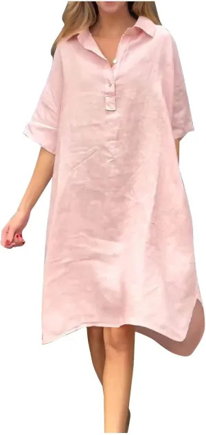 Oplxuo Shirt Dresses for Women Casual Collared Button Up Shirts Dress Short Sleeve Solid Color Loose Midi Dress with Pockets