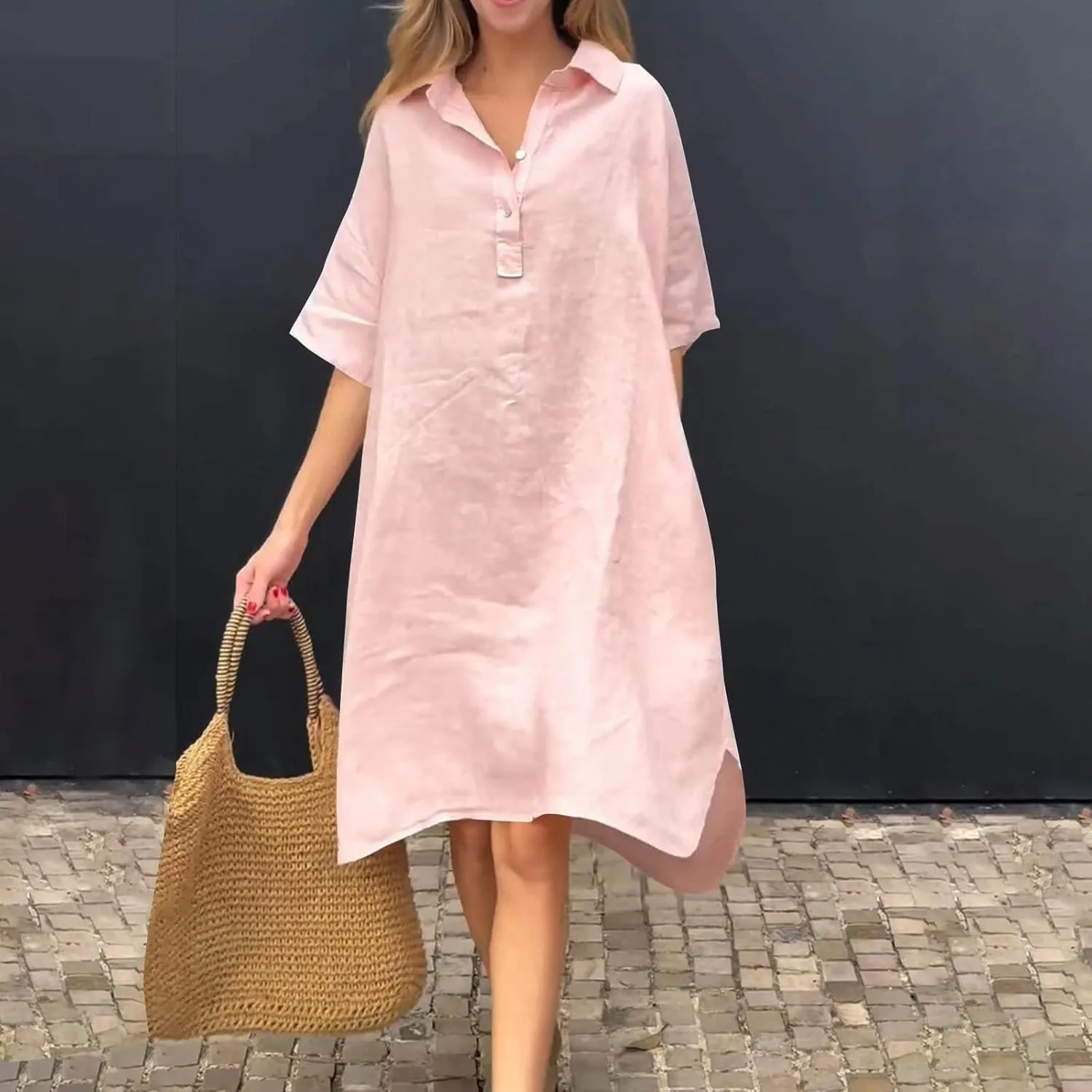 Oplxuo Shirt Dresses for Women Casual Collared Button Up Shirts Dress Short Sleeve Solid Color Loose Midi Dress with Pockets