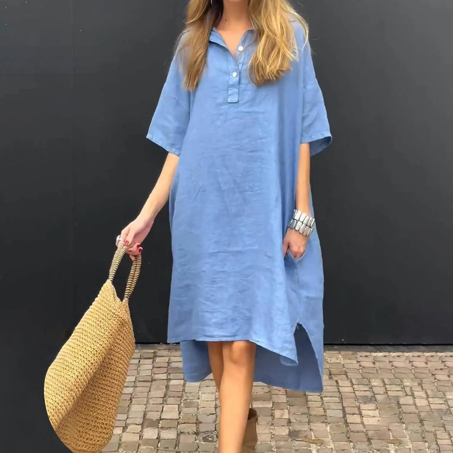 Oplxuo Shirt Dresses for Women Casual Collared Button Up Shirts Dress Short Sleeve Solid Color Loose Midi Dress with Pockets