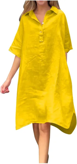Oplxuo Shirt Dresses for Women Casual Collared Button Up Shirts Dress Short Sleeve Solid Color Loose Midi Dress with Pockets