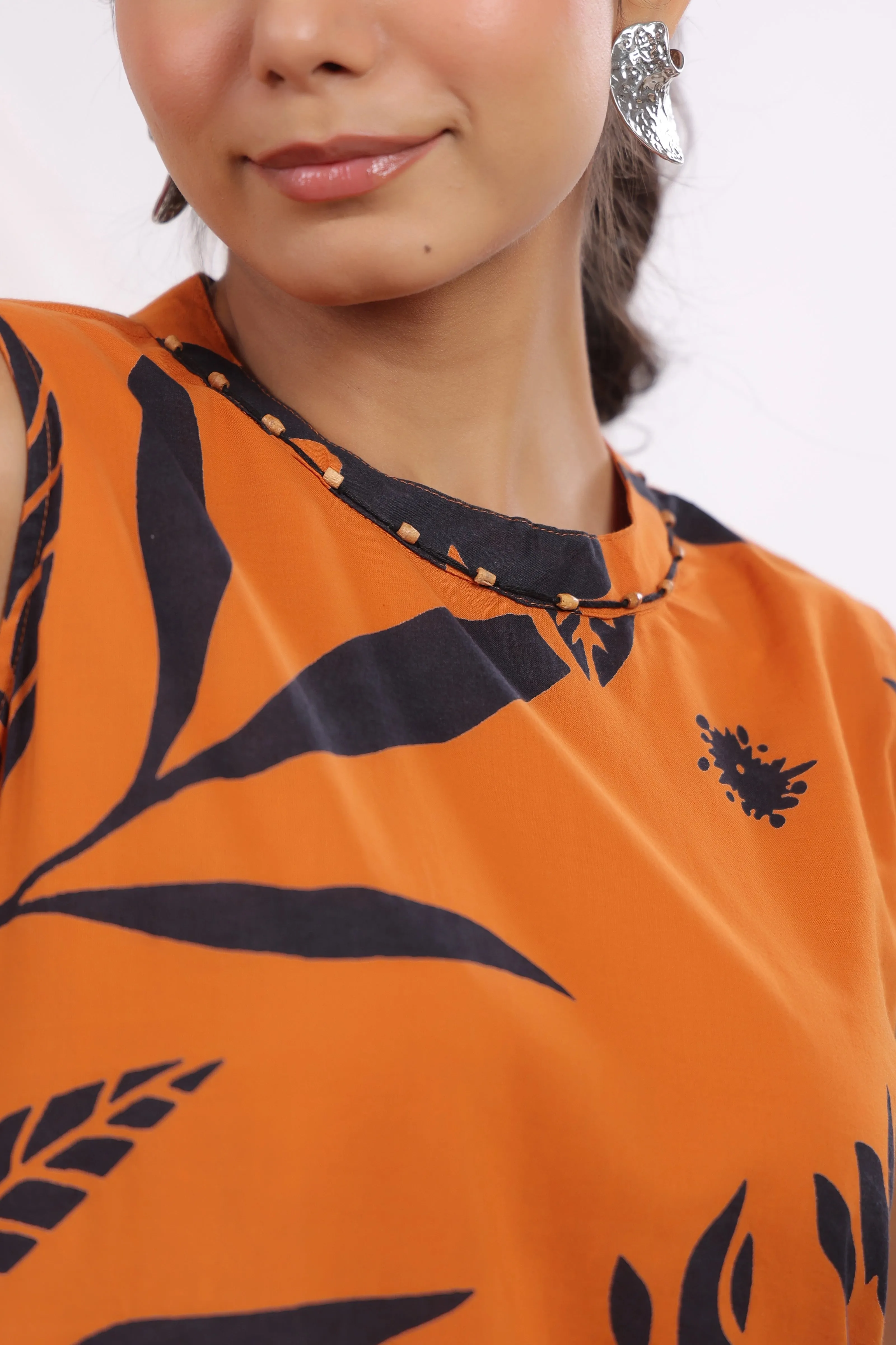 Orange & Black Bold Floral Beaded Ethnic Kurta Pant Set
