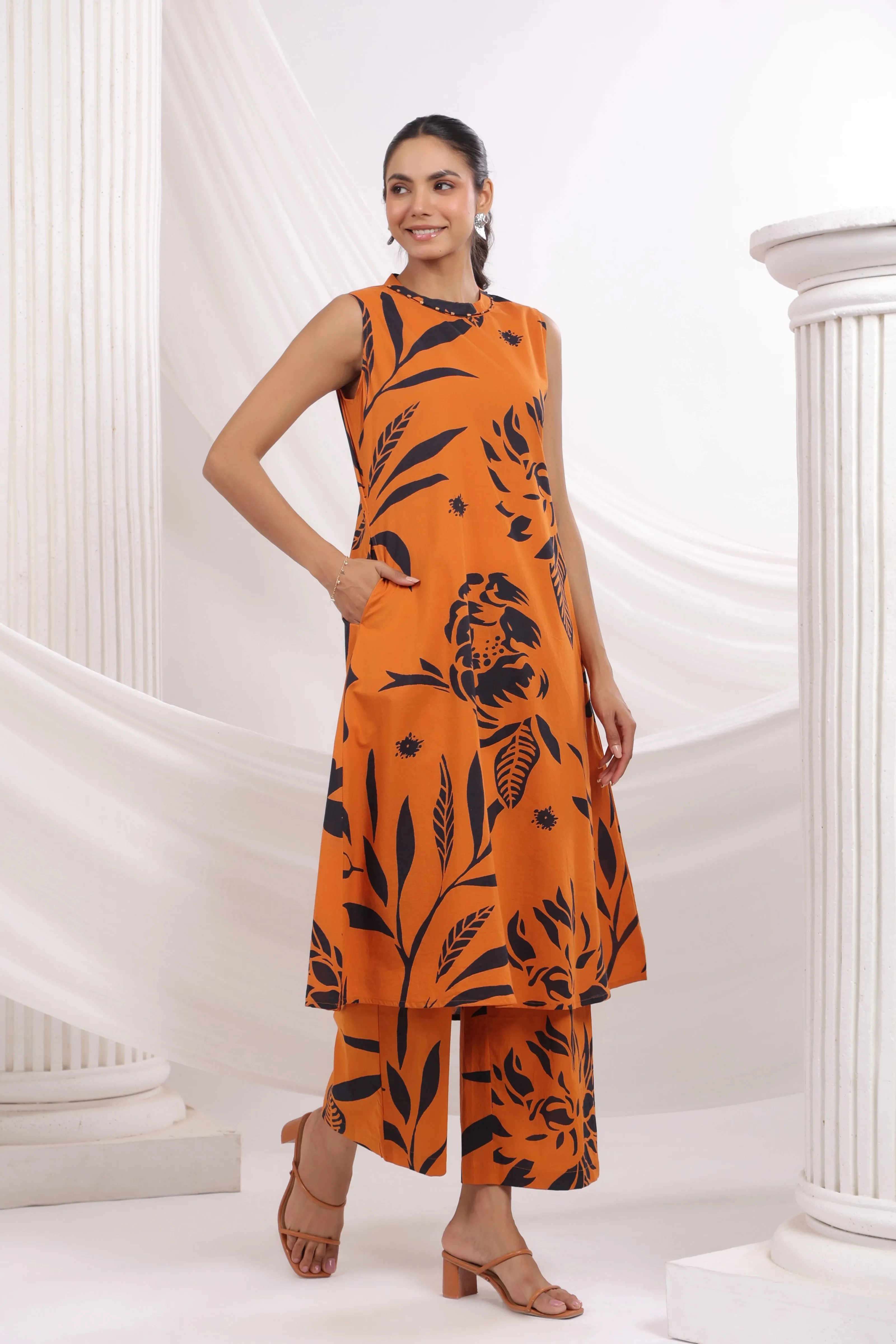 Orange & Black Bold Floral Beaded Ethnic Kurta Pant Set