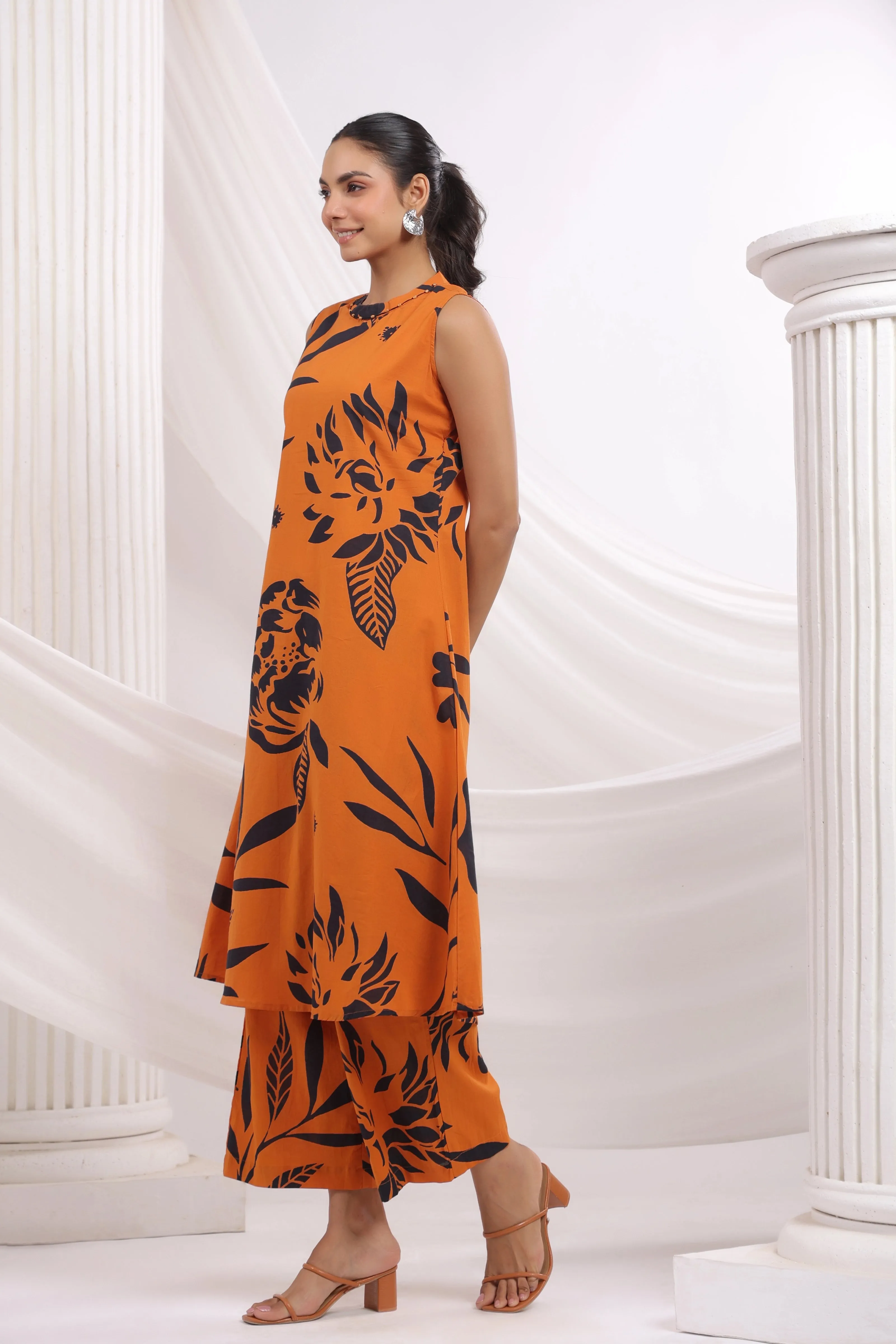 Orange & Black Bold Floral Beaded Ethnic Kurta Pant Set