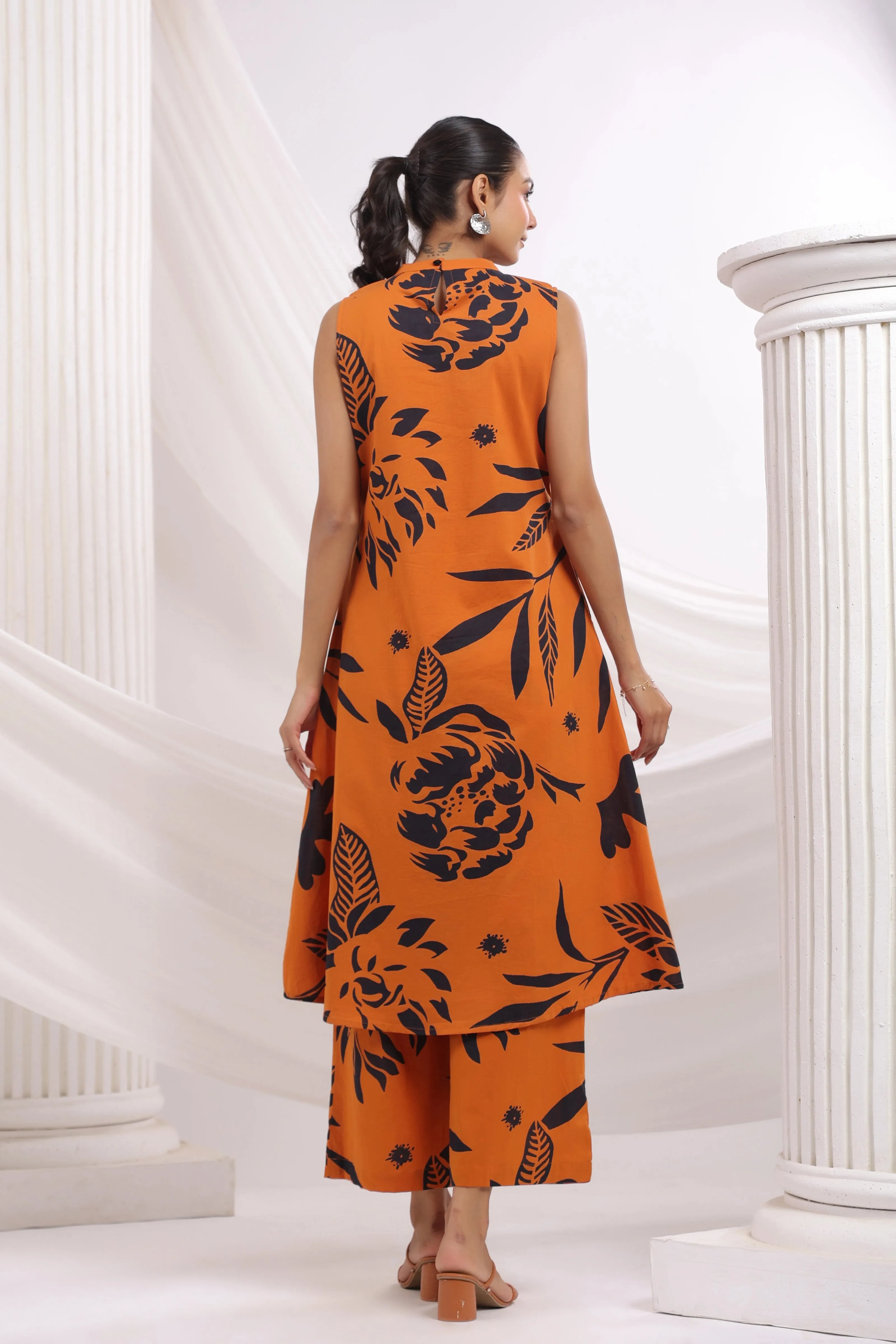 Orange & Black Bold Floral Beaded Ethnic Kurta Pant Set