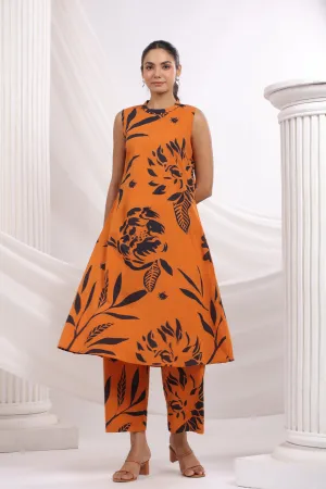 Orange & Black Bold Floral Beaded Ethnic Kurta Pant Set