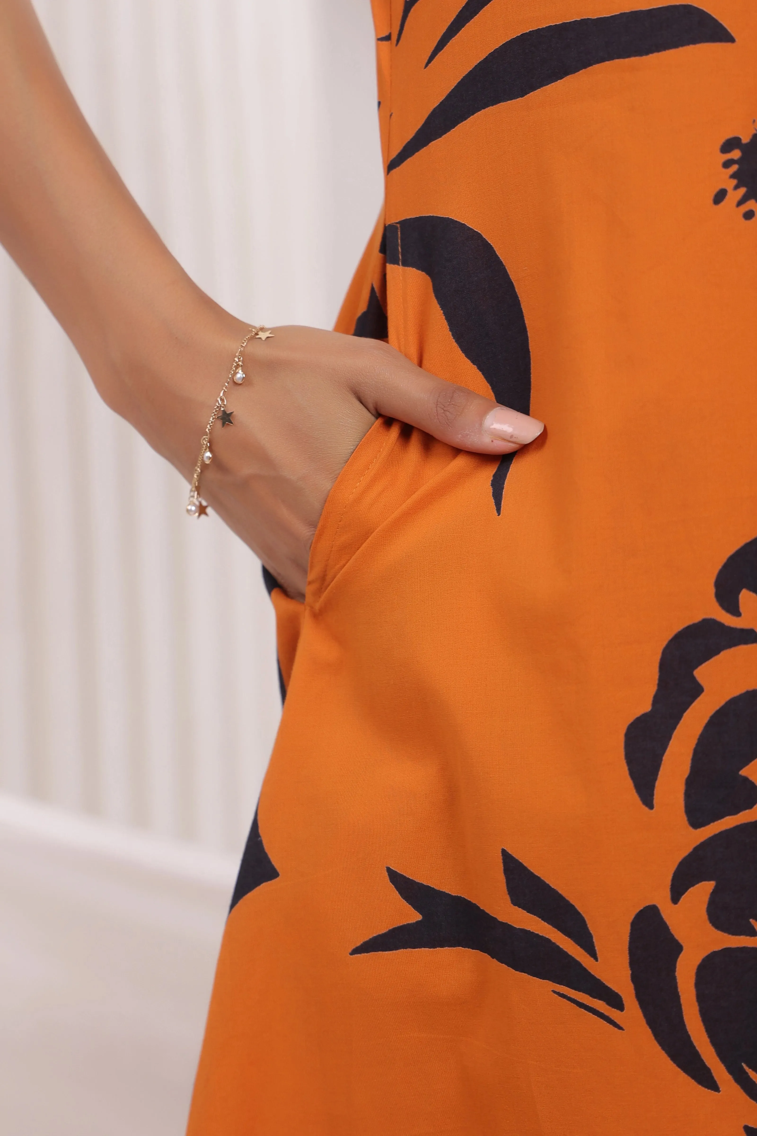 Orange & Black Bold Floral Beaded Ethnic Kurta Pant Set