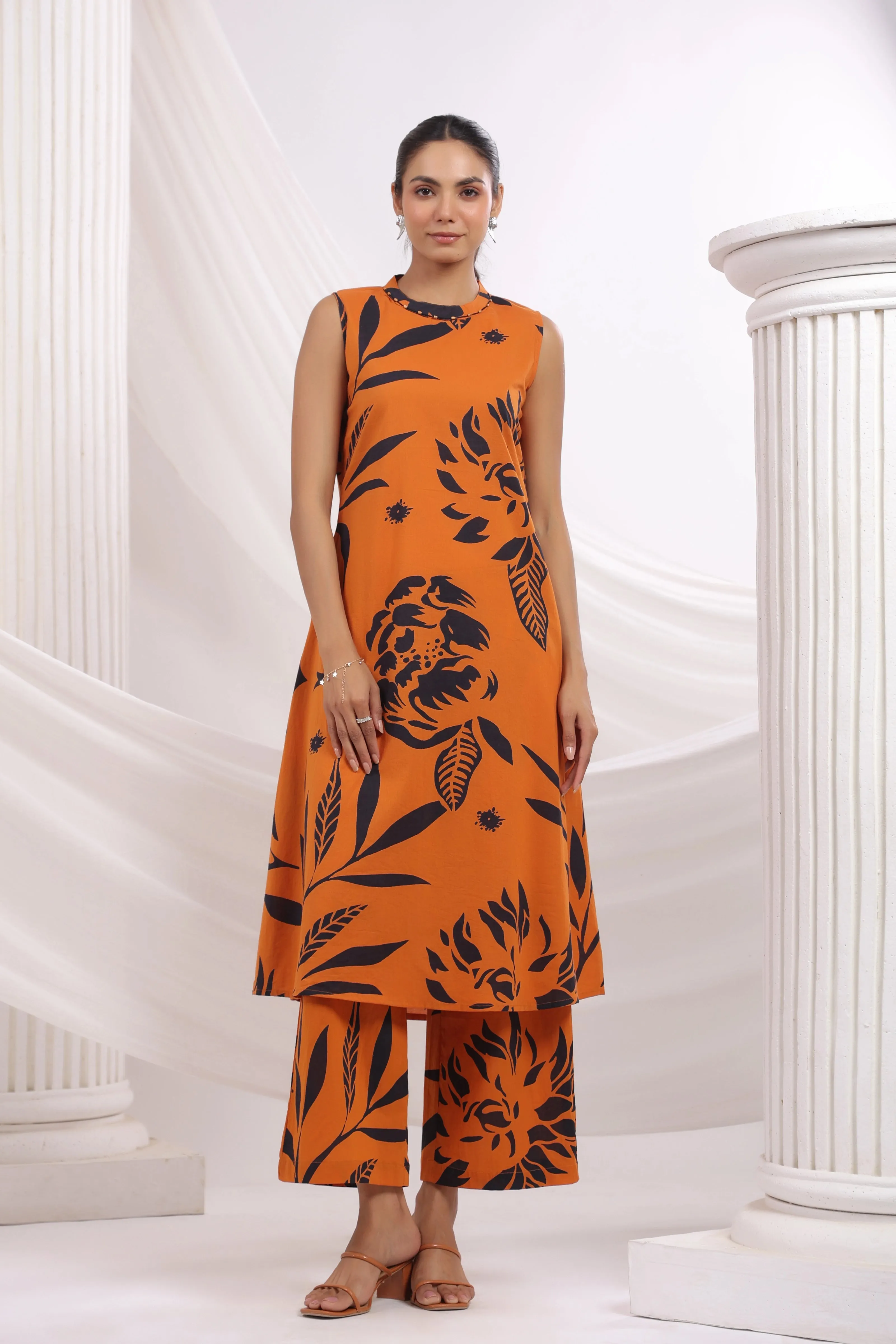 Orange & Black Bold Floral Beaded Ethnic Kurta Pant Set