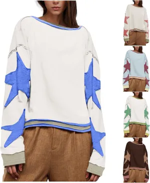 Oversized Sweatshirt for Women Lantern Sleeve Star Pullover Crewneck Corded Shirts Fashion Fall Outfits Trendy 2024