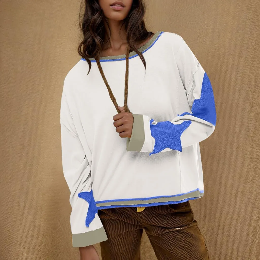 Oversized Sweatshirt for Women Lantern Sleeve Star Pullover Crewneck Corded Shirts Fashion Fall Outfits Trendy 2024