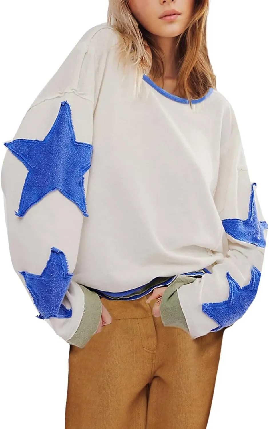 Oversized Sweatshirt for Women Lantern Sleeve Star Pullover Crewneck Corded Shirts Fashion Fall Outfits Trendy 2024