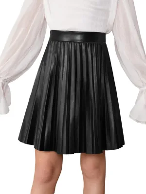 OYOANGLE Girl's PU Leather Pleated A Line Skirt Flared High Waisted Short Skirts