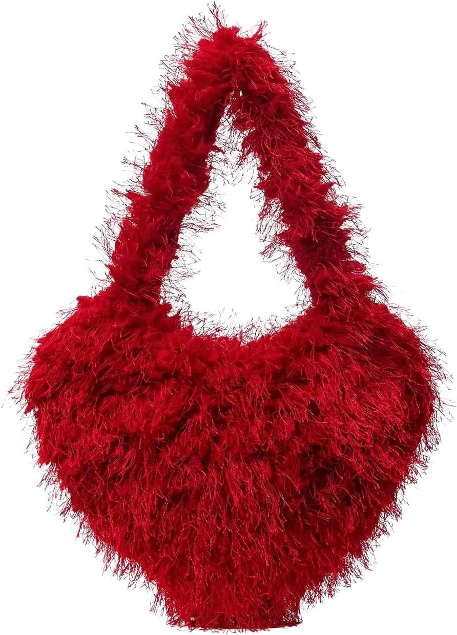 OYOANGLE Women's Faux Fur Handbags Heart Shape Top Handle Y2k Fuzzy Clutch Purses Plush Shoulder Bag