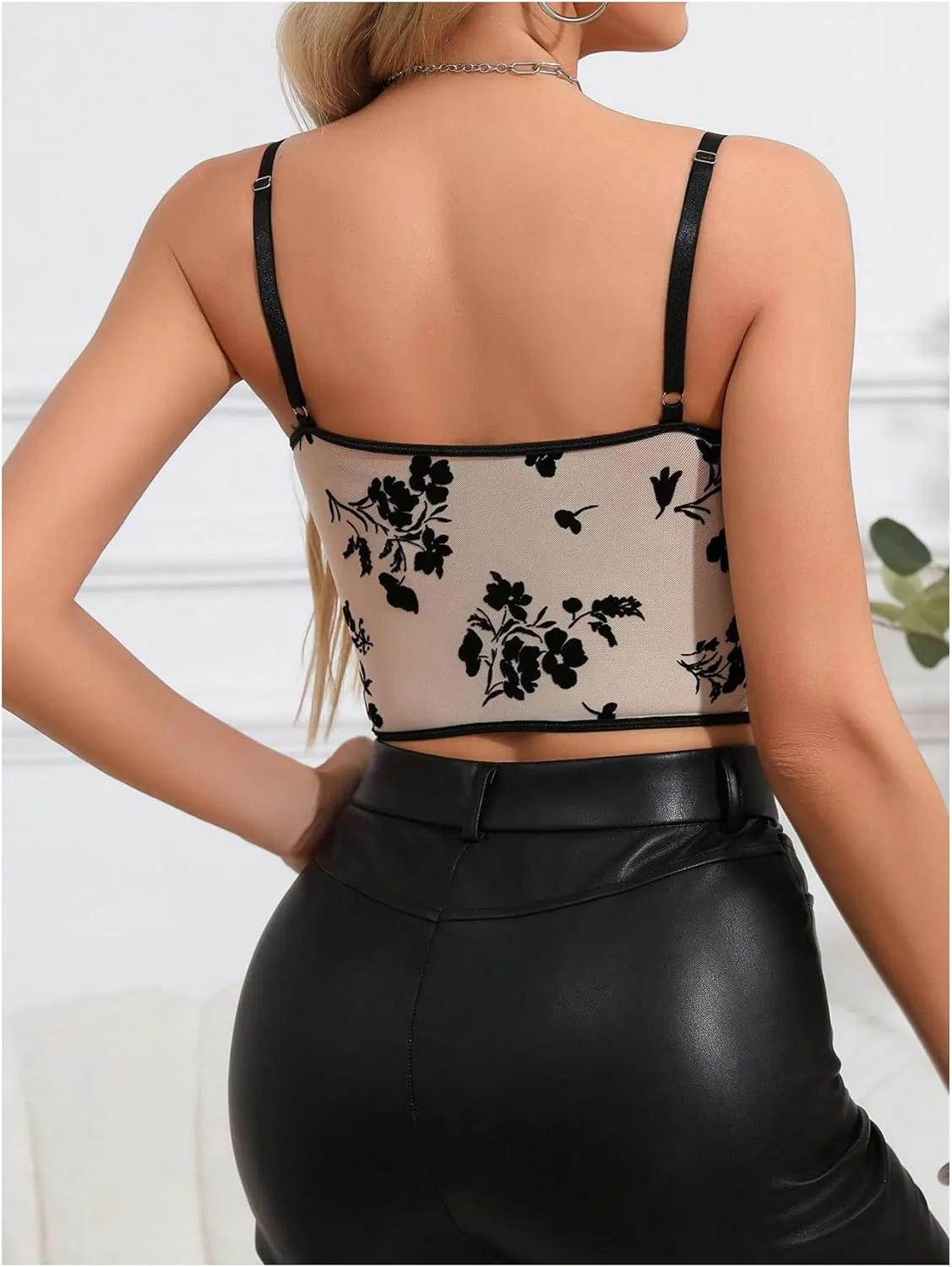 OYOANGLE Women's Lace Sheer Bustier Camisole Spaghetti Strap Backless Slim Fit Corset Crop Tops