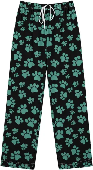 Pajamas Pants for Women's Funny Dog Paw Print High Waist Wide Leg Sweatpant Pj's Trouser with Pockets & Drawstring