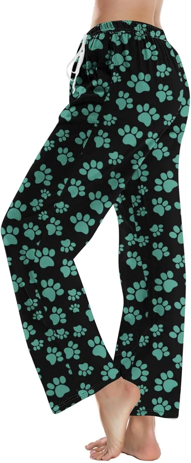 Pajamas Pants for Women's Funny Dog Paw Print High Waist Wide Leg Sweatpant Pj's Trouser with Pockets & Drawstring
