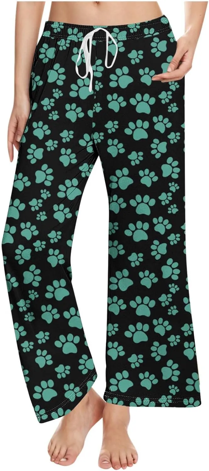 Pajamas Pants for Women's Funny Dog Paw Print High Waist Wide Leg Sweatpant Pj's Trouser with Pockets & Drawstring